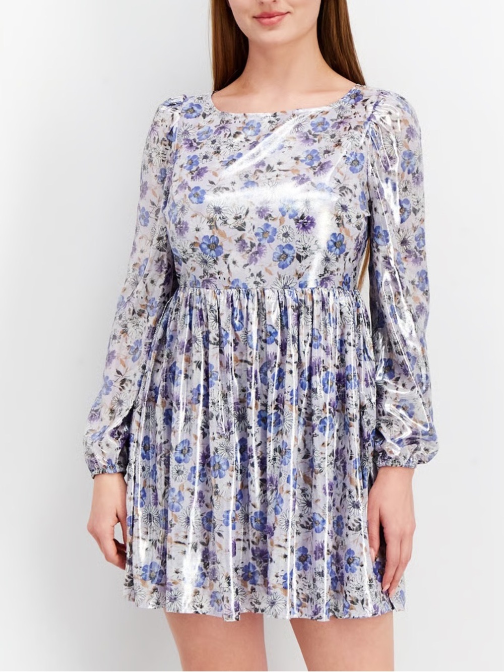 Forever 21 Lavender Floral Print Metallic Shimmer Long Sleeve Dress